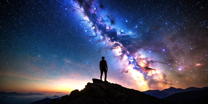 Silhouette of a person on a mountaintop enjoying a panoramic view