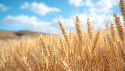Naklejka premium Golden wheat field under a bright blue sky with fluffy clouds, showcasing nature's bounty and beauty in agriculture.