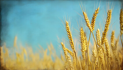 Obraz premium Golden wheat sways gently under a bright blue sky, symbolizing harvest and abundance in a serene, rural landscape.
