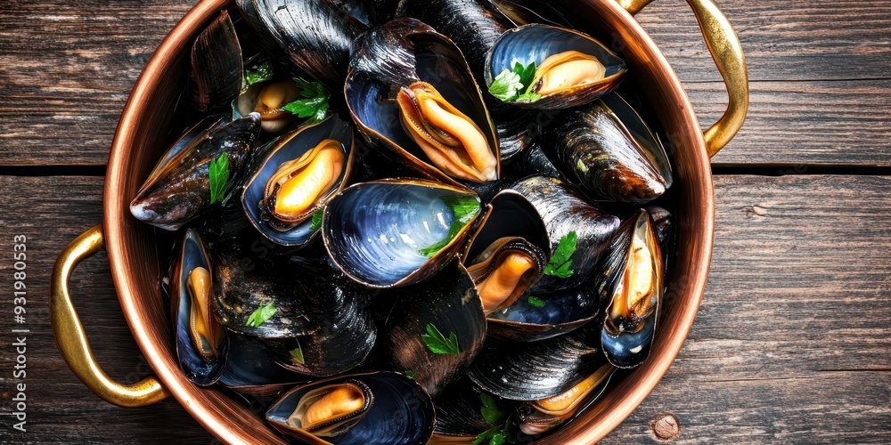 Wall mural a close-up of a rustic copper pot filled with steaming hot mussels, their shells slightly open revea