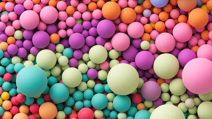 Background with many colorful big and small random spheres. Huge pile of colorful matte soft balls in different sizes. Top view of huge pile of colorful balls in different sizes. Vector background