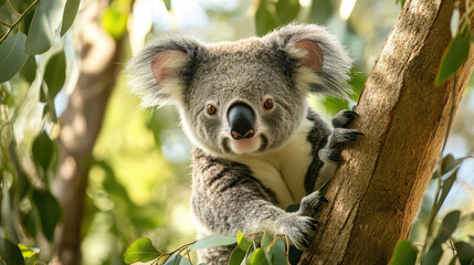 Fototapeta premium A koala in its natural eucalyptus tree habitat.