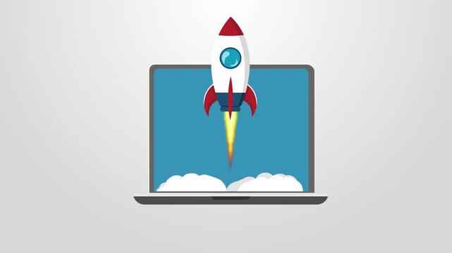 Animated Rocket Taking Off from Laptop Screen, Symbol of New Business Start Up and Product Launch, Successful Startup