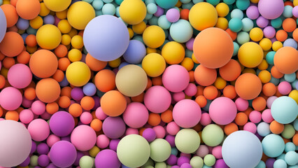 Colorful matte soft balls in pink orange yellow tones and different sizes. Background with many colored big and small random spheres. Flat lay with lots of different colored orbs. Vector background