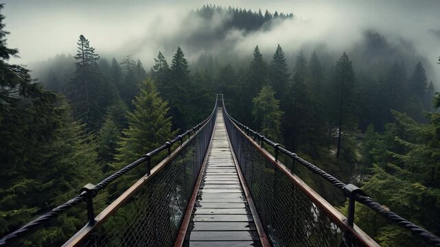 Treetop boarding bridge on misty fir forest beautiful landscape in hipster vintage retro style, foggy mountains and trees