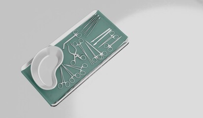 Surgical equipment on stainless steel table, surgical scissors, medical equipment 3D Illustration
