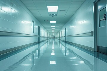 A long hallway with a white wall and a blue floor