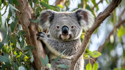 Fototapeta premium A koala in its natural eucalyptus tree habitat.