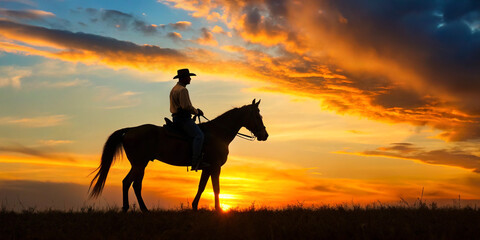 Silhouette of a person riding a horse in a field at dusk