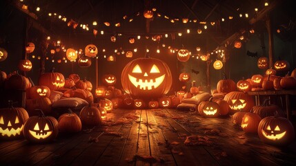 Spooky Halloween Pumpkin Patch: A mesmerizing display of glowing jack-o'-lanterns illuminate a rustic wooden pathway, creating an eerie and enchanting ambiance for the Halloween season.  