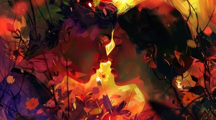 Romantic Couple Kissing in a Field of Flowers