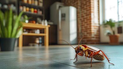 Close-up of a cockroach on a floor in a modern kitchen with rustic decor and green plants in the background.