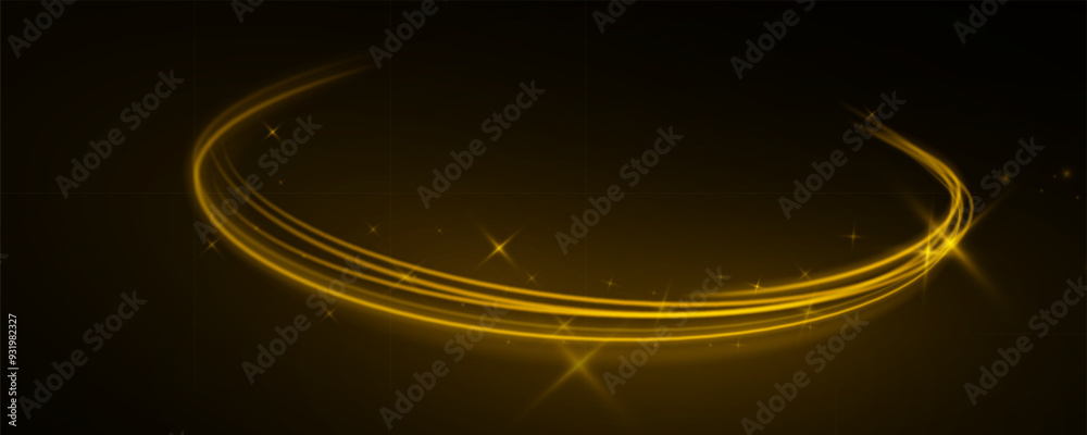 Aufkleber Dynamic gold lines with glow effect. Rotating shiny rings. Abstract sparkling swirl, wave of light.