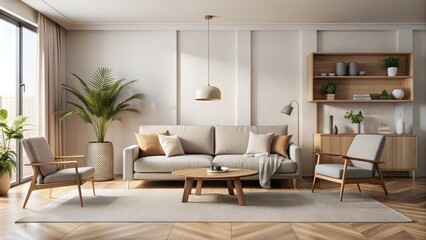 Fototapeta premium Modern living room interior mockup with minimalist furniture and neutral color palette, living room, interior design