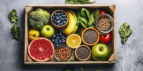 Healthy fruits and vegetables, wooden crate with assortment of fresh produce including avocado, blueberries, grapefruit, broccoli, apples, herbs, linseed, almonds, dried berries, turmeric, greens, gra