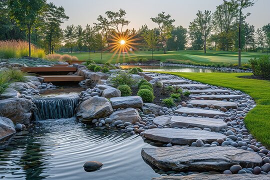 A stone walkway leads to a small pond with a waterfall