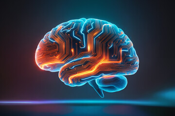Glowing, circuit like human brain, representing the intricate neural pathways and information processing capabilities of the mind. For science, technology, or innovation-themed content.