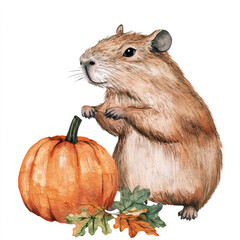 Fototapeta premium A water color cute capybara with a pumpkin and with a white solid background