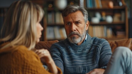 Sad pensive couple thinking of relationships problems sitting on sofa, conflicts in marriage.