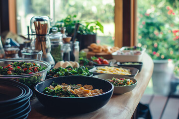 Fototapeta premium A vibrant display of fresh vegan salads and dishes on a wooden table, evoking a sense of healthy, organic living in a natural light-filled setting.