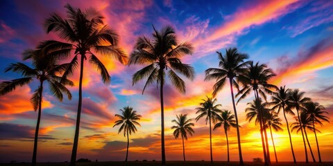Silhouette of palm trees against a colorful sunset sky, tropical, nature, landscape, dusk, silhouette, palm trees, sunset
