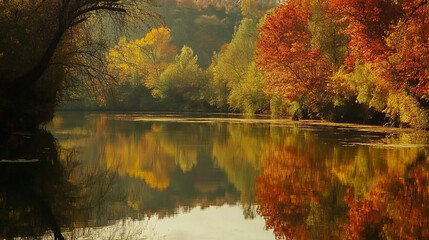 Obraz premium Autumn Calm: Bright golden autumn foliage reflected in a calm river.