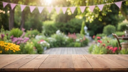 Wooden tabletop with a blurred backyard background.