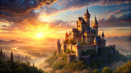 Obraz premium Fantasy castle bathed in warm sunset light , Fantasy, castle, sunset, majestic, fairytale, magical, architecture, medieval