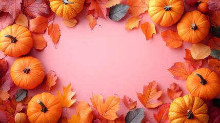 Autumn frame made with pumpkins and colorful leaves on pink background
