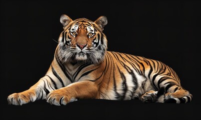Obraz premium A solitary tiger resting on a dark background, Generative AI.