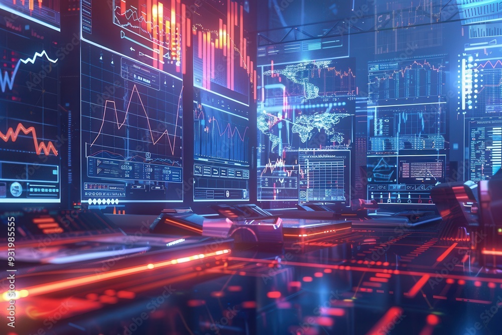 Leinwandbilder the interface displays cryptocurrency market values, charts, and analytics in a high-tech trading en