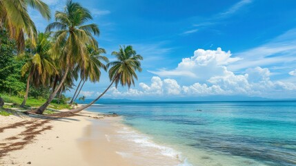 Fototapeta premium Tropical Paradise: Pristine Beach with Palm Trees and Crystal Clear Waters