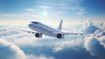 The plane flies high above the white clouds.