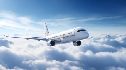 The plane flies high above the white clouds.