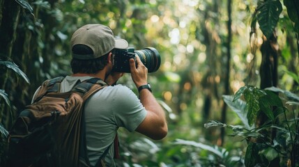 Fototapeta premium Man with camera in dense jungle surroundings, focused on capturing the wild beauty of the natural environment.