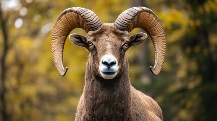 Portrait of a bighorn sheep, showing off its magnificent horns and alert gaze in a natural, wild setting.