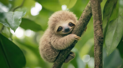 Obraz premium A cute baby sloth hanging from a tree branch.