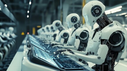 Fototapeta premium Futuristic Smart Factory with Robotic Workers Showing Automated Manufacturing Process