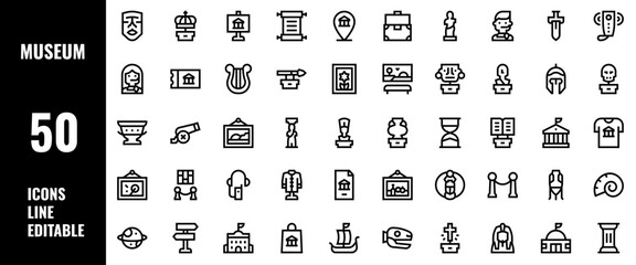 50 Museum Icons Set Line Editable Vector Illustration
