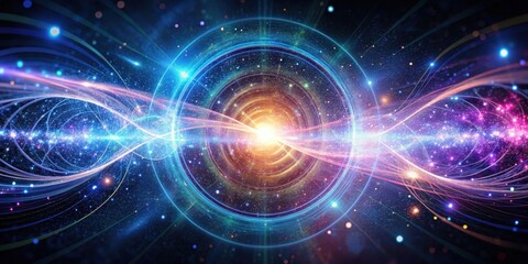 Obraz premium Holographic quantum field with swirling particles and dynamic energy flows in a sci-fi setting , Sci-fi, holographic, quantum