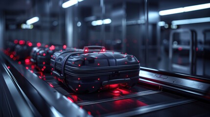 Suitcases on a conveyor belt with red security scanning lights in dimly lit airport setting. Concepts of travel, security, and modern technology in airport baggage handling.