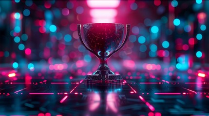 A futuristic 3D illustration of a digital trophy floating in a virtual space, symbolizing excellence in the digital age.