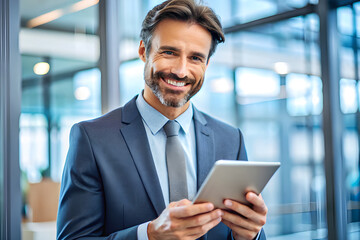 Fototapeta premium man, happy portrait and tablet for business email, communication and networking in office. financial advisor, face smile and tech for investment research, news app and risk analysis