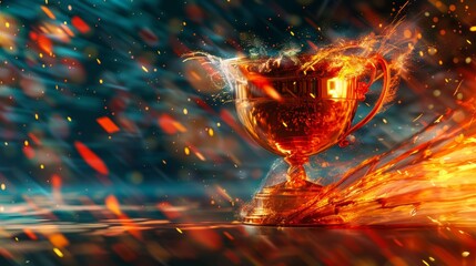 A dynamic 3D rendering of a trophy, with motion blur effects to suggest movement and action, ideal for conveying the excitement of winning.