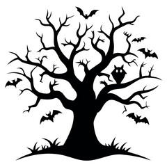 Black silhouette Halloween tree with bats Isolated on a white background