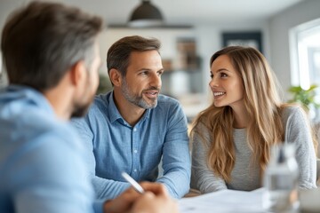 Fototapeta premium Financial Adviser Discussing Mortgage Options with Young Couple in Bright Room, Close-Up Conversation