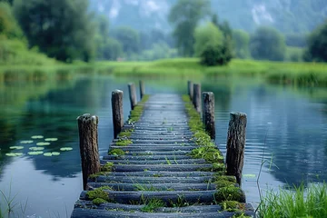 Foto op Plexiglas A wooden bridge spans a body of water, with a lush green field in the background © Graph Squad