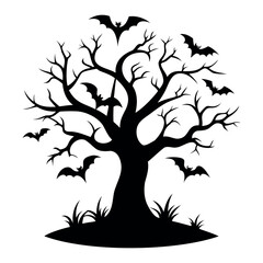 Black silhouette Halloween tree with bats Isolated on a white background