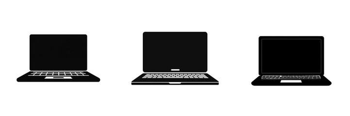 Set of  minimalist silhouette of a laptop icon in solid black against, isolated on a transparent background 