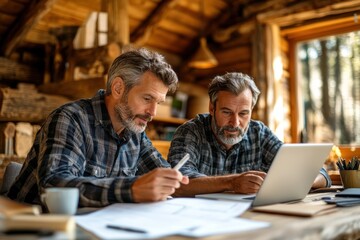 Rural Financial Consultation: Adviser Assisting Farmer with Investment Planning in Rustic Office Setting, Side Angle View